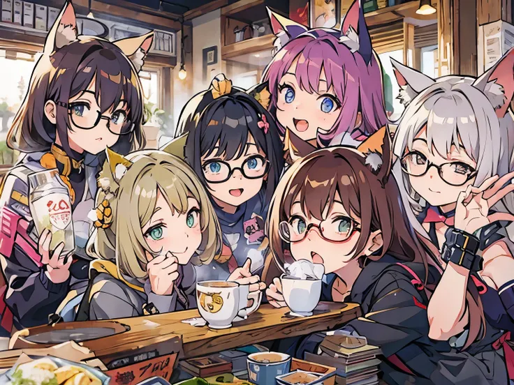 Cat ear cafe、(A bunch of cute, sexy cat-eared girls gather around a fat, bespectacled, dull otaku guy and pamper him.:1.2)、The old man is drinking matatabi tea.、The world of delusions、