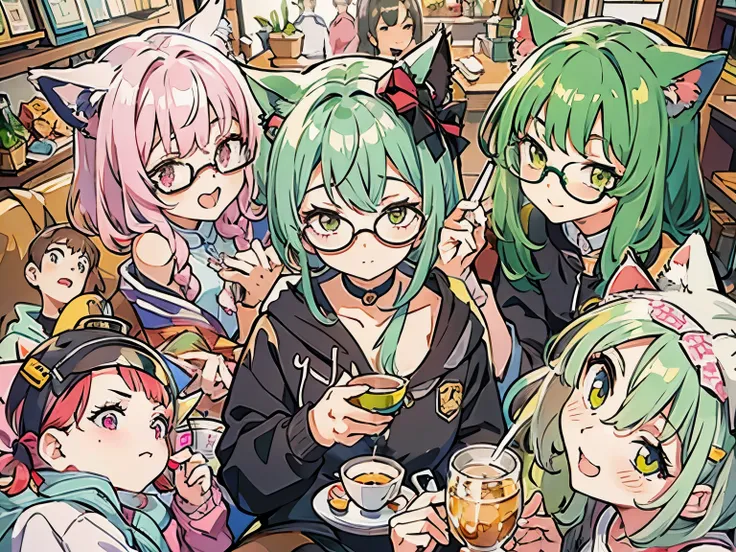 Cat ear cafe、(A bunch of cute, sexy cat-eared girls gather around a fat, bespectacled, dull otaku guy and pamper him.:1.2)、The old man is drinking matatabi tea.、The world of delusions、