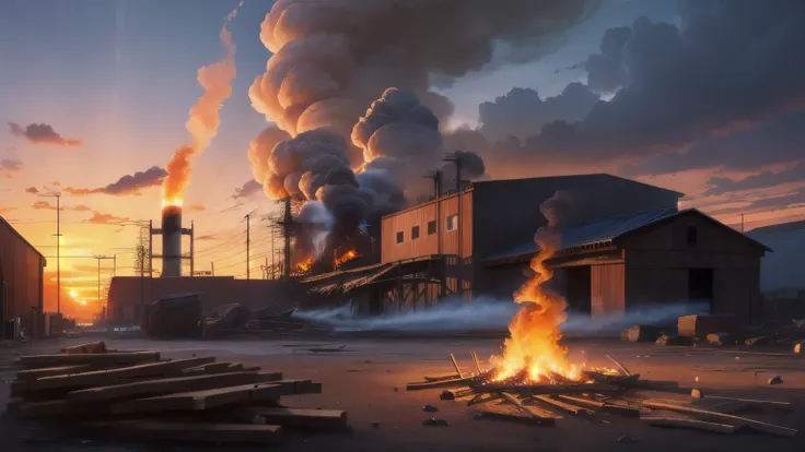 Remote shot, big buildings, smoke fire, factory, broken stones, cloudy sky, pieces of iron, pieces of wood, sunset