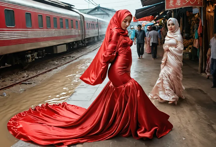 A woman shrouded in a 9-meter-long, plush red satin cloth, tightly bound and grandly draping along the form of her body, flowing off into a pooled floor-length train, styled in a mermaid-inspired outfit, her head modestly veiled in a satin hijab, tall and ...