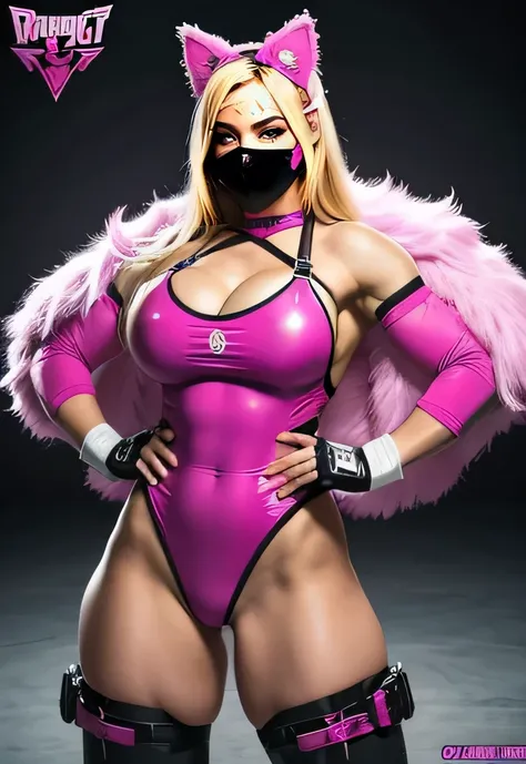 Blonde Female lucha libre luchador, serious, sexy toned strong buff bodybuilder female dressed in a tight pink leotard monokini she wears a pink lucha libre mask with kitty ears, she wears an outfit with multiple buckles and straps, she is busty and has ni...