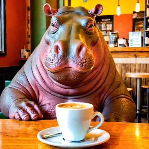 a hippo sitting in a coffee shop drinking coffee, masterpiece, best quality