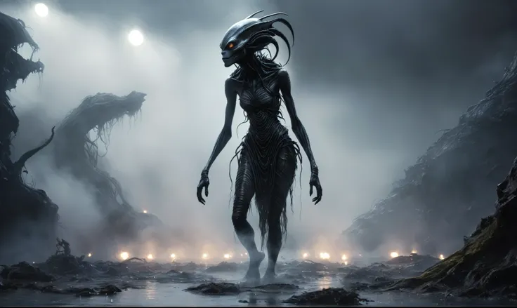 full body length,niobium goblin,native africa xenomorphs slaves,once pretty face,eyebrow up,full body shot,ominous landscape,niobium gray atmosphere,photo,photorealism,Masterpiece,hyper natural skin textures, hyper realism,hyper detailed,High contrast,Real...