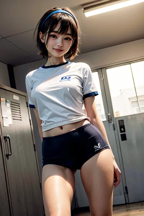 very cute and beautiful girl,(Very detailed美しい顔),(smile:1.2),Happy,View your viewers,
Navy Blue Louvruma,Are standing,Put your arms behind your back,Leg details,White Training Shirt,Short sleeve,
Training gym locker room,Black Hair,hair band,
(Highest qual...