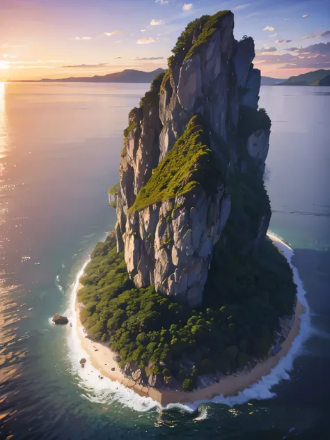 (masterpiece, highest quality:1.2), Ultra-high resolution), animation, illustration, Professional Lighting, Cinema Lighting, 1monster, male monster, ((forest, beach view, mountain in behind, small & narrow island)), ((white island view, entire island view,...