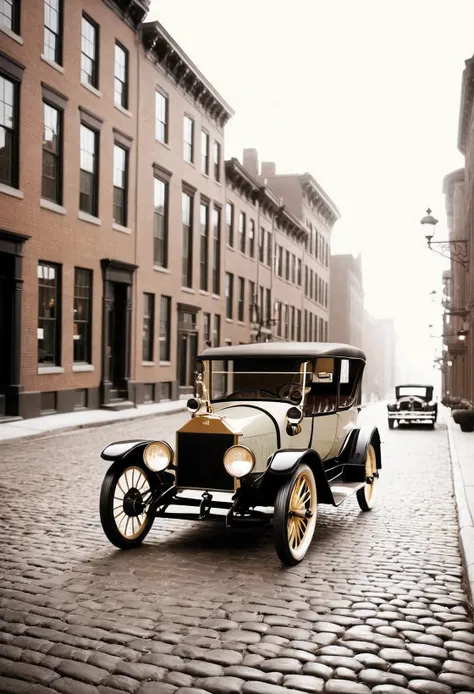 1900s - Early Automobile Era "Create a high-quality image of an early 1900s vintage car, with a boxy design and large, spoked wheels. The car is set against a backdrop of a cobblestone street with gas lamps and classic brick buildings, capturing the essenc...