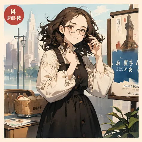 1 petite adult woman, tiny body, fat round face, curly hair, eat small dishes, little smile, glasses, worn out clothes, advertising poster style, william Turner: Watercolor painting style,