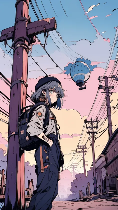 (high quality), (masterpiece), (detailed), 8K, (Teenage girl1.3) stands under (ancient wooden power lines1.2) at dusk in (steampunk-inspired world1.3). (Pastel sky1.2) filled with floating (airships and dirigibles1.3) casting long shadows as she gazes at (...