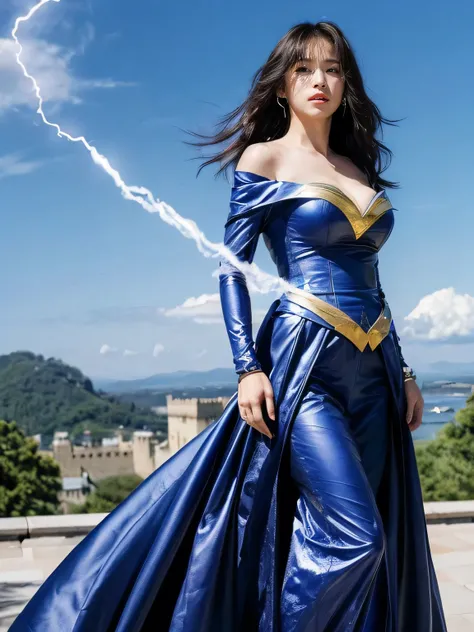 ((Highest quality、8k、masterpiece:1.3))、Realistic, Sharp focus, High resolution, High resolution,, One person, Full body photo、Japanese, Beautiful woman,Big Breasts、blue royal dress,Gold Edge、On the roof of the castle、Unleashing Power、Explosive Energy、Wrapp...