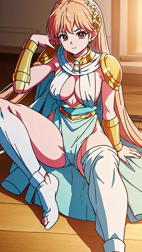 ((Highest quality)),(4K quality),Crisp image quality,(((((a woman))))),alone,White skin,anime,Beautiful woman,Princess Leona,Pants are black,nsfw,((Spread your legs)),Sitting,Show your pants,spread legs,(((show off nipples)))