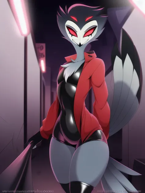 catmonkshiro (style), ((masterpiece)), ((8k quality)), (no watermark), stolas, male, sleek, long tail feathers, avian, avian tail, butt, solo, detailed alley, looking at viewer, wide hips, smirking, shiny, perfect body, inviting eyes, thighs, red sclera, w...