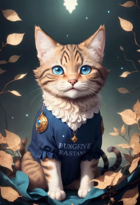 Naughty cat, Wearing blue clothes, Light brown fur, Charming atmosphere, sit, Looking at the camera intently, Detailed fur texture, Fantasy background similar to indoor，With leaves and floating particles, Soft lighting above, Soft shadows, Fantastic Ideas、...