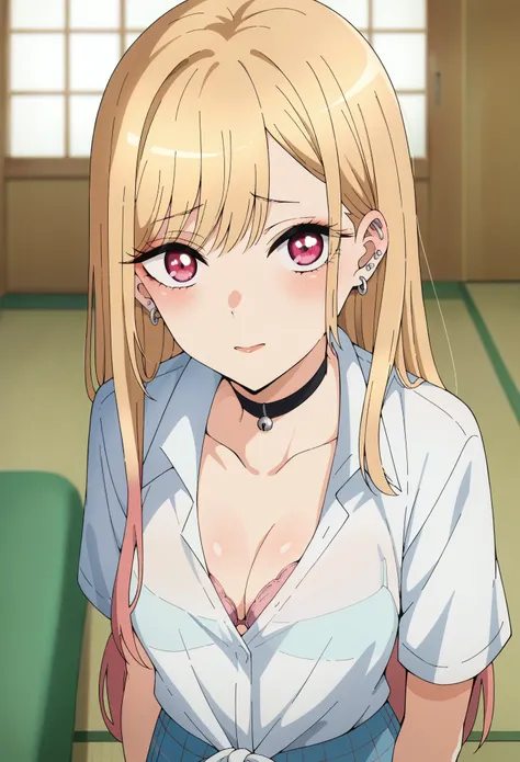 score_9, score_8_up, score_7_up, source_anime,
KitagawaMarin, blonde,
1girl,
multicolored hair, long hair, magenta eyes, ear piercing, earrings, pink nails, makeup,
MarinSchool, bead bracelet, black choker, neck bell, ring, collared shirt, white shirt, sho...