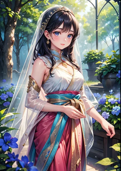 Beautifully detailed eyes, Beautifully detailed lips, ดวงตาและใบหน้าที่มีรายVery detailed, Long eyelashes, 1 girl, beautiful korean girl, Exquisite pink bridal sari, Standing in front of a beautiful church, ethereal light, Soft pastel colors, movie light, ...