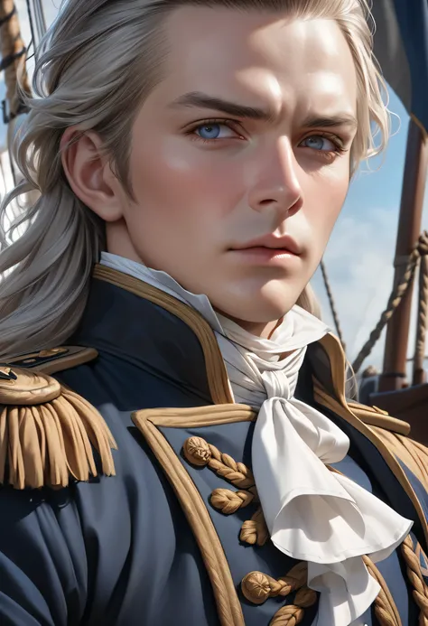 18 century frigate Captain boy, best quality, 4k, 8k, highres, (masterpiece:1.2), ultra-detailed, (photo realistic,:1.37), looking at viewer, (face close up:0.3),--no watch,