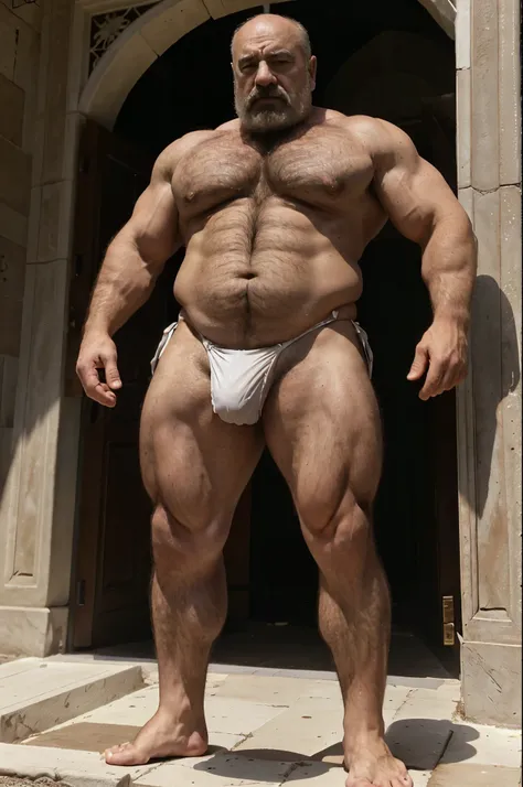 dark fantasy, intricate details, turkish warlord, bob hoskins, mature old man, grandpa, virile, tough, plump, massive feet, dickprint, bulging muscles, white hairy body, revealing outfit, micro thong, jewelry, barefoot, standing, stoic virtue