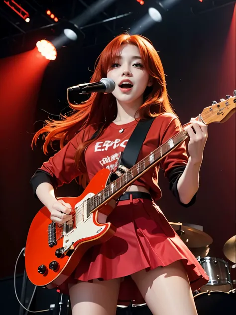 Bright red hair。semi-long。Fluffy skirt。Red Shirt。Beautiful girl singing with electric guitar。