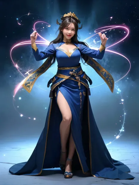 ((Highest quality、8k、masterpiece:1.3))、Realistic, Sharp focus, High resolution, High resolution,, One person, Full body photography、Japanese, Beautiful woman,Big Breasts、blue royal dress,Gold Edge、Release of power、Bursting energy、Wrapping Lightning Around ...