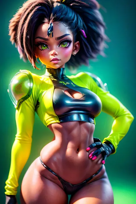 ((Best Quality)), ((Masterpiece)), (Detailed: 1.4), (Absurd), Depiction of a stunning cyberpunk-inspired girl with a bold, futuristic style reminiscent of Cyberpunk 2077. She has a striking appearance with

Her body is adorned with intricate tattoos that f...