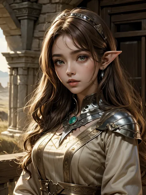 ((Medieval Fantasy Setting)). score_9, score_8_superior, score_7_superior, score_6_superior, echo, Half-Elf 2. She has light brown skin, With caramel highlights and soft waves、Light chestnut dark hair, Green brown eyes. Her face is oval、Soft features and p...