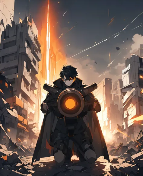 Scene of a man with short black hair, with black lines on his face and black clothing, kneeling on his shoulders a large futuristic orange light cannon being fired, in a destroyed city. anime style