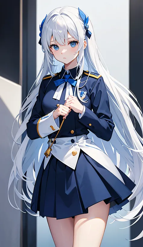 Uniform, white and blue, neat, long hair, cute, woman
