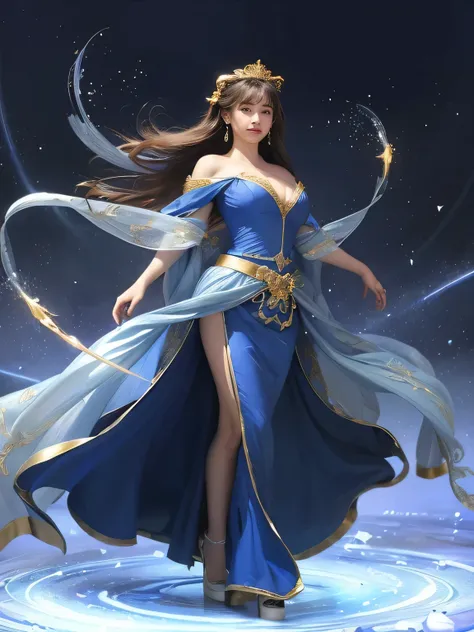 ((Highest quality、8k、masterpiece:1.3))、Realistic, Sharp focus, High resolution, High resolution,, One person, Full body photography、Japanese, Beautiful woman,Big Breasts、blue royal dress,Gold Edge、Release of power、Bursting energy、Wrapping Lightning Around ...