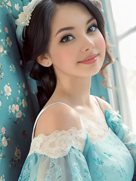 Elaborate Rococo hairstyle adorned with a white feather accessory, intricate light blue and cream floral dress featuring lace sleeves and delicate ruffles, seated elegantly on a bed with vintage floral wallpaper in the background, soft natural lighting cre...