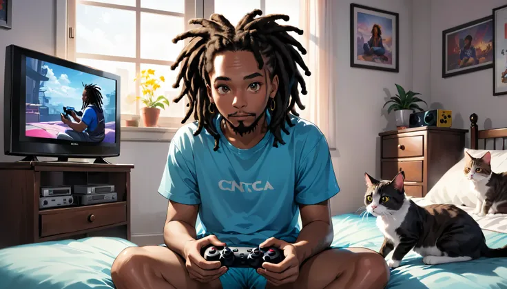 a black adult male with dreadlocks, sitting in room, playing video games on a tv, game controller in his hands, 2 cats on a bed,