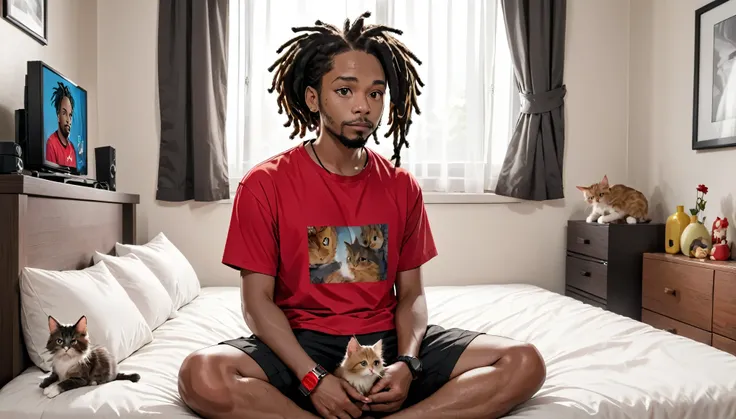 a black adult male with dreadlocks, red watch, red shirt, black shorts, sitting on bed watching tv, 2 kittens on bed,