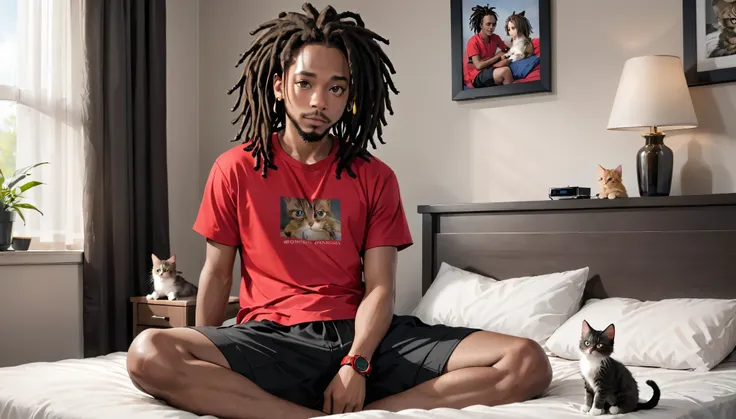 a black adult male with dreadlocks, red watch, red shirt, black shorts, sitting on bed watching tv, 2 kittens on bed,