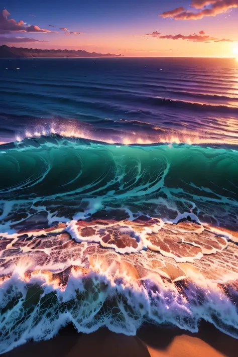 (masterpiece, Highest quality:1.4), Cinematic Light, colorful, High Contrast, neon, null, sunlight, null間, Beach, Wave, unmanned, Vast landscape photography, (a view from below that shows the null above and the sea below use a lot of purple and orange, det...