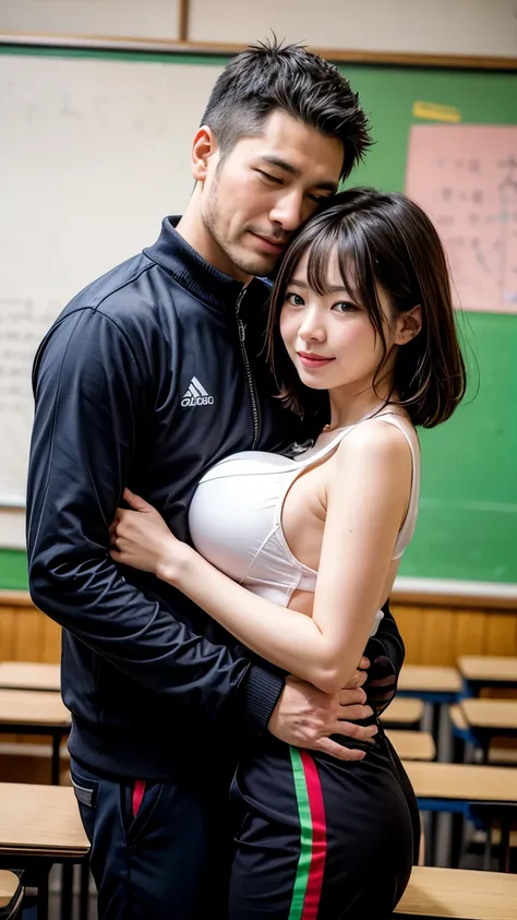 masterpiece, best quality, intricate details, extremely detailed, (hetero couple hagging, 1mature and 1girl, a Japanese male teacher and a female student:1.8), BREAK, 1mature, teacher is a 42yo Japanese male wearing a business suit, standing confidently, b...