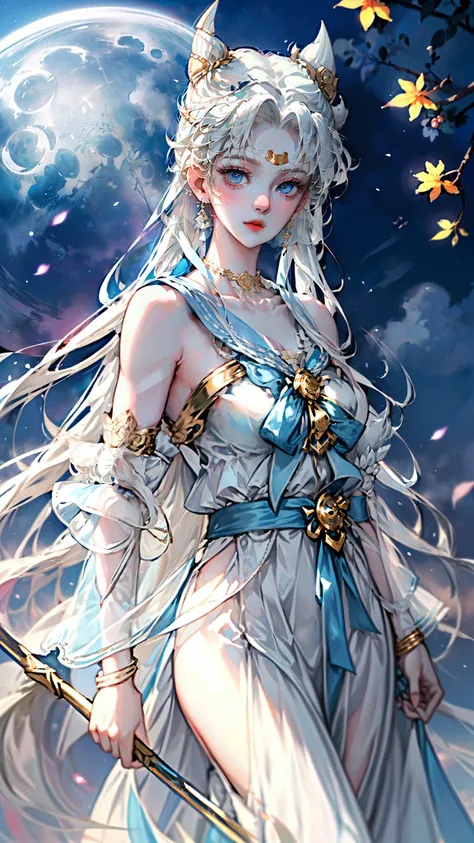 Reality, masterpiece, Reality, high resolution, Soft Light, Hips up, (blue eyes, White hair), Long hair, (Silk and ribbon on front:1.3),earrings,Filigree,Separate sleeves,Wide sleeves, (armband:1.2),Jewelry, (cleveage,Bare shoulders,Strapless,simple neckla...