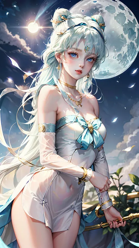 Reality, masterpiece, Reality, high resolution, Soft Light, Hips up, (blue eyes, White hair), Long hair, (Silk and ribbon on front:1.3),earrings,Filigree,Separate sleeves,Wide sleeves, (armband:1.2),Jewelry, (cleveage,Bare shoulders,Strapless,simple neckla...