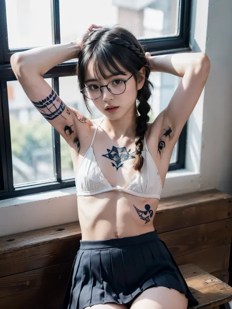 1girl, raw photo, 8k, (top-quality), Realistic, (real picture, Intricate details), (natural skin texture, detailed skin, hyper realism, sharpness), Japanese teenage glasses girl sitting on school desk in old high school classroom, (white lace bra, navy blu...