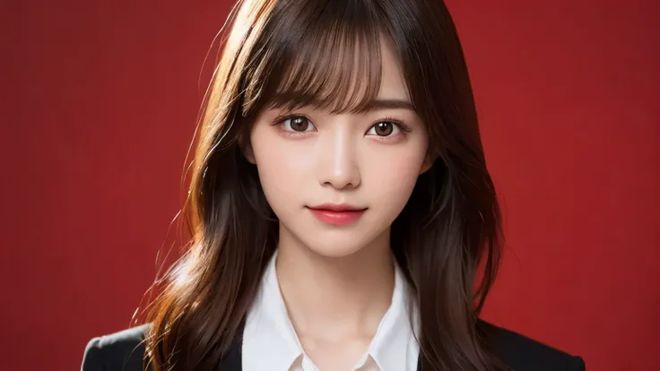 Red Background, Full body portrait, Looks very happy, smile, One Girl, (Beautiful girl, Delicate girl:1.3), (20-year-old:1.3),  (Black Suit、White blouse), Very beautiful eyes, (Symmetrical eyes:1.3), D cup breasts, Brown eyes, Parted bangs, Long Hair, (Eye...