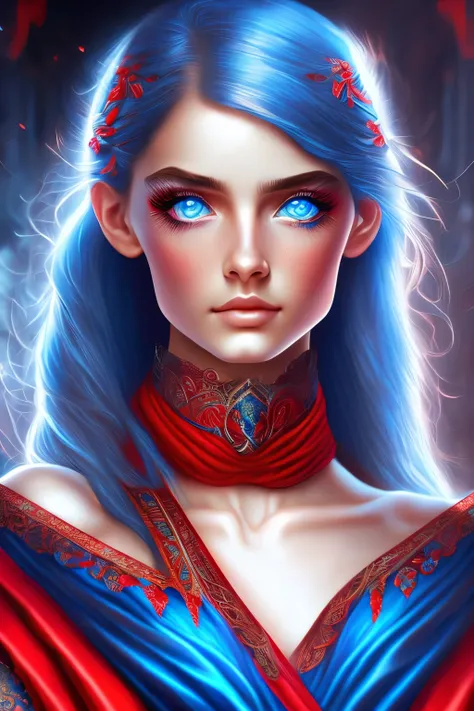 A closeup of a woman with blue eyes and a red scarf, fantastic detailed eyes, exotic eyes, red and blue eyes, hyperrealistic fantasy art, magic eyes, intricate eyes, beautiful digital art, Mystic Eyes, fantasy art style, ultra detailed face and eyes, beaut...