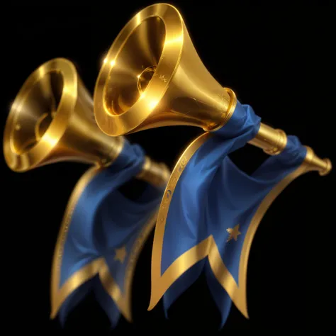 A pair of golden trumpets，Decorated with blue and gold banners, Indicates a ceremony or festival. 3d icons for mobile games，lol icon