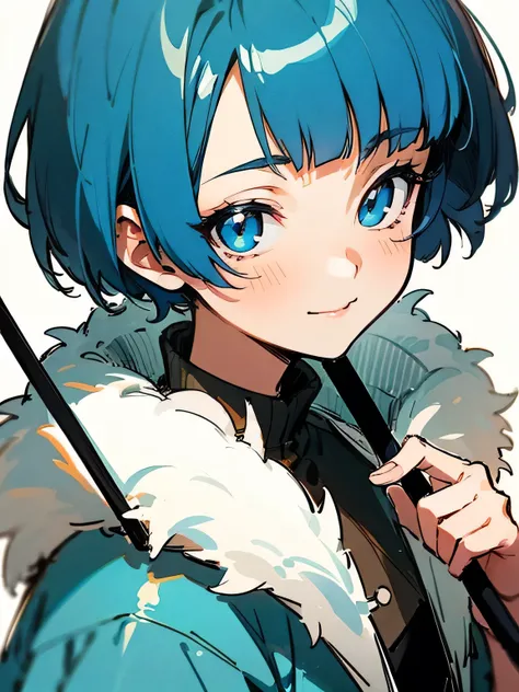 solo, upperbody, blue short pixie cut, blunt bangs, blue eyes,close up anime face,luxurious white fur coat, holding a cane, cute smile, white simple background,(manga style),(sketch),(illustration)