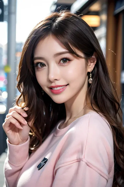 (table top、highest quality、8k、Award-winning work、ultra high resolution)、one beautiful woman、(Perfect and most natural long sleeve pink casual sweatshirt:1.1)、(bionde:1.1)、Bright color contacts、perfect makeup、bright and glossy lipstick、(very dark makeup:1.2...