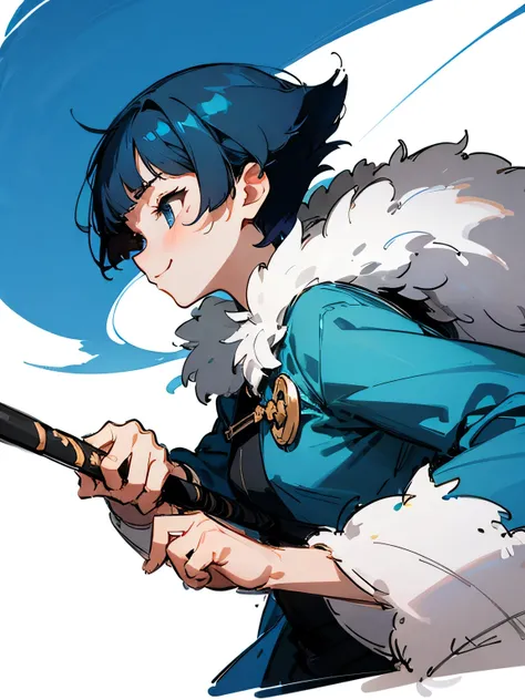 sideview,solo, upperbody, blue short pixie cut, blunt bangs, blue eyes,anime face,luxurious white fur coat, holding a cane, cute smile, (fighting stance),white simple background,(manga style),(sketch),(illustration)