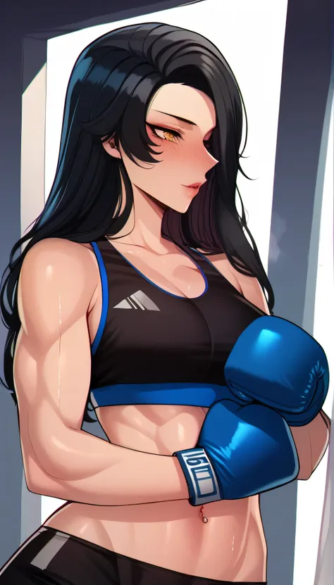 black hair,masterpiece,best quality,highres,ultra-detailed,aashizue,yellow eyes,long hair,(sports bra:1.2), boxing gloves, toned, muscular,sweating, (sleeveless:1.4)