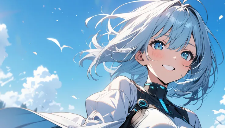 Highest quality,Android Girl,smile,blue sky