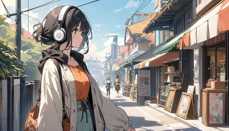 A woman with black hair and cute clothes strolling along the beach,Streetscape、Listening to music with headphones、Japanese