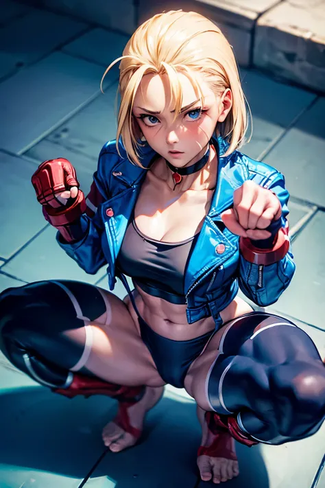 (8k, real person, ultra realistic, raw photo, masterpiece, extremely detailed, best quality, professional lighting, high res), BREAK beautiful and adorable girl, BREAK cammy white, short hair, antenna hair, blue eyes, scar on cheek, large breasts, black ch...