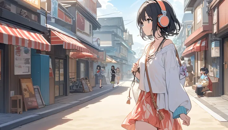 A woman with black hair and cute clothes strolling along the beach,Streetscape、Listening to music with headphones、Japanese