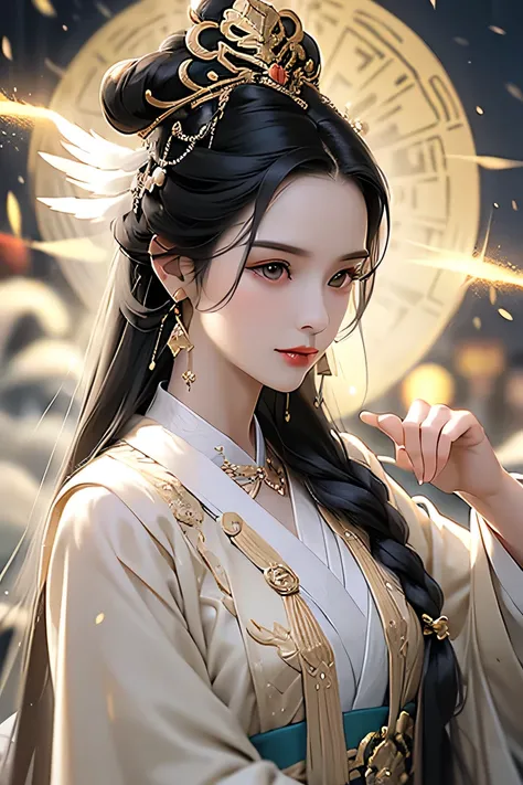Black Hair, immortal, beauty, Royal Sister, stepmother, White Taoist Robe, Golden Phoenix Crown, Hair Bunch, Mature Woman