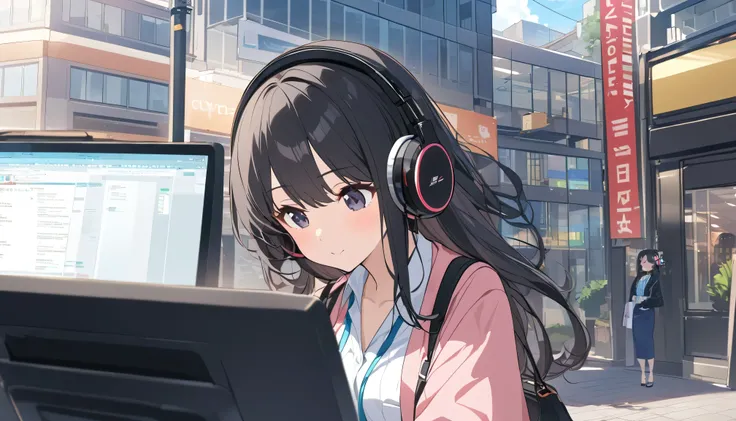 A woman with black hair and cute clothes working in a virtual office,Streetscape、Listening to music with headphones、Japanese