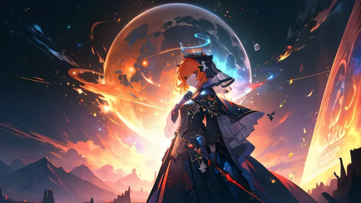 1girl, Fujimaru Ritsuka from Fate/grand order, orange hair, golden eyes, in a colorful cosmic nebula background with stars and galaxies, Warhammer 40k inspired, Ritsuka as a demonic prince, intricate details, flawless facial features, wearing a crown and v...